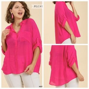 Umgee Plus Hot Pink Sheer Button Down Long Sleeve Cardigan Shirt Size 2XL